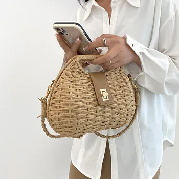 Модная плетеная сумка из ротанга Плетеные женские сумки Летние путешествия Пляжная сумка Бали Соломенное плечо Сумки через плечо для женщин 2023 Клатч