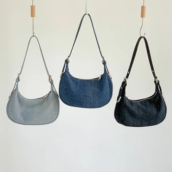 Джинсовая женская сумка на молнии Корейский дизайнер Hobos Маленькие сумки Полумесяц Джинсы Женская сумка через плечо Оптовая распродажа
