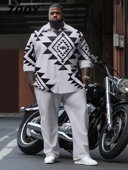 ZOOY (L-9XL) Большие размеры Мужской мотоцикл в полоску Цвет Соответствующий Ретро Тотем Узор Рубашка с длинными рукавами Прямые брюки Костюм