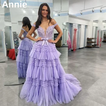 Annie V-образный вырез Аппликация Бант Выпускные платья Фиолетовый тюль Многослойное вечернее платье Изготовленный на заказ халат Свадебное торжественное платье для вечеринок
