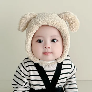 Корейская детская шапка Милая Медведь-форма Зимняя детская шапка для защиты ушей Плюшевая шапка для мальчиков и девочек Теплые мягкие ветрозащитные детские шапки