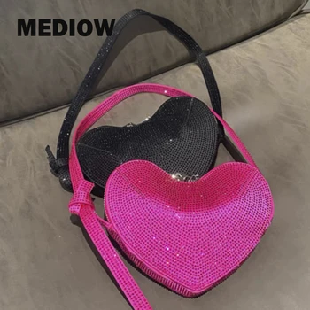 MEDIOW Мини-вечерние сумки в форме сердца для женщин Роскошные дизайнерские сумки 2023 года Новинка в нейлоновой сумке через плечо из ПВХ с блестящим украшением