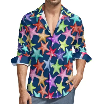 Многоцветные повседневные рубашки морской звезды Мужская рубашка с принтом морских существ Длинные рукава Свободные блузки Harajuku Осенние Пользовательские топы Большой размер