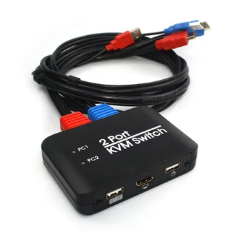 AY86 2-портовый USB-HDMI-совместимый KVM-переключатель с кабелями AY86 Коммутатор для монитора, клавиатуры, мыши, ноутбука, ТВ-проектора, USB-устройства