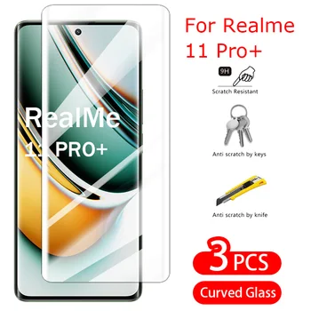 Для Realme 11 Pro+ Plus Защитная пленка для экрана Изогнутое Закаленное Стекло Clear HD Flim Full Cover Screen High Hardness 9D Front Flim 3PCS