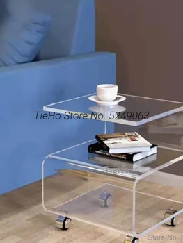 креативный S-образный прозрачный акриловый журнальный столик с колесиками Прикроватная тумбочка для хранения Подвижные угловые столы Мебель для дома