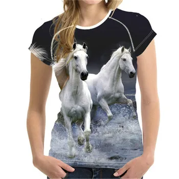 Женская футболка с очень большим круглым воротником, 3D-печать, лошадь-животное, круглый воротник, короткий рукав, быстросохнущие, свободные топы