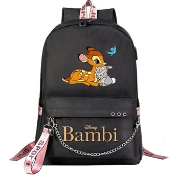 Disney Bambi Студенты Школьная сумка Женщины Мужчины Причинно-следственная поездка Рюкзак для ноутбука с зарядкой USB Подростковые рюкзаки