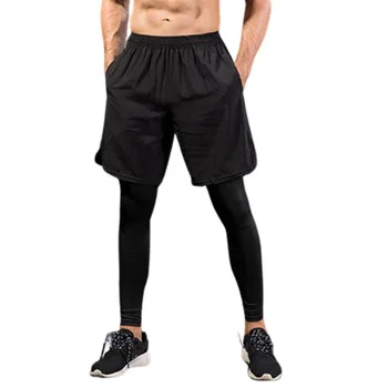  Мужские черные леггинсы Поддельные брюки для фитнеса для мальчиков из двух частей Спортивные беговые велосипедные тренировки Длинные брюки Повседневные эластичные быстросохнущие
