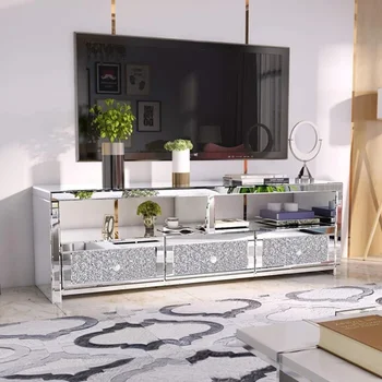  Современный 3 ящика Зеркальная хрустальная подставка для телевизора Серебряный стол для ТВ-консоли Тумба для гостиной Гостиничная мебель