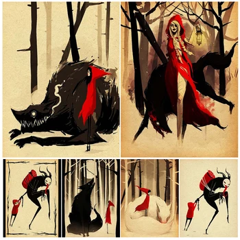 Красная Шапочка и Крампус Винтажная настенная живопись на холсте Большой злой волк в лесу Абстрактное искусство Плакат и принт Декор