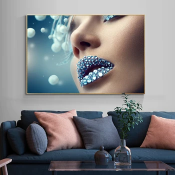 Голубой бриллиант Макияж губ Обнаженная женщина Картина маслом на холсте Плакаты и принты Скандинавская настенная картина для гостиной