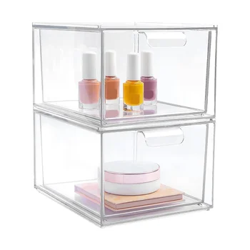 2 шт. Штабелируемый органайзер для макияжа Ящики для хранения, акриловый органайзер для ванной комнаты, прозрачный пластиковый ящик для хранения