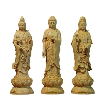 резьба по дереву статуэтка Будды трех святых Запада Гуаньинь Амитабха Статуя Скульптура Главная гостиная Декор Орнамент
