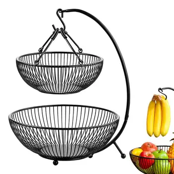  Кухонная корзина для фруктов Подставка Настольная корзина для овощей с банановой вешалкой Металлическая 2-уровневая корзина для фруктов Ручная съемная