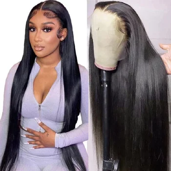 40-дюймовый прямой 13x4 кружевной передний парик HD Кружевной фронтальный парик из натуральных волос предварительно выщипанные бесклеевые прямые парики для черных женщин