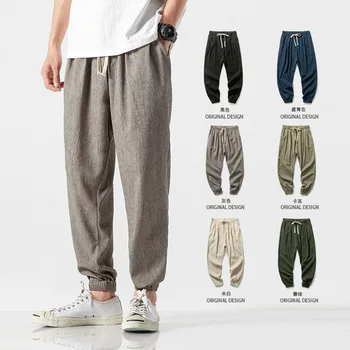 Японские свободные мужские хлопковые льняные брюки мужские летние новые дышащие однотонные льняные брюки фитнес уличная одежда плюс размер S-4XL
