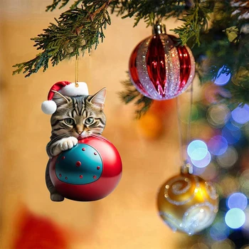 Рождественская кошечка подвешивает украшения, кошка играет в мяч Рождественская елка кулоны, милые украшения для домашних животных для сумки автомобиль, акриловые подарки