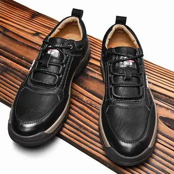 Мужская повседневная обувь Удобная походная обувь с круглым носком Британская деловая кожаная обувь