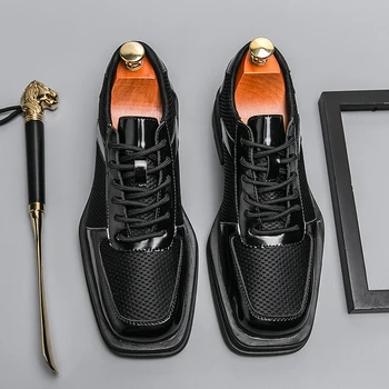 Люкс Бренд Мужская обувь из натуральной кожи Квадратный носок Классические туфли Мужская банкетная деловая обувь Дышащая обувь-брог