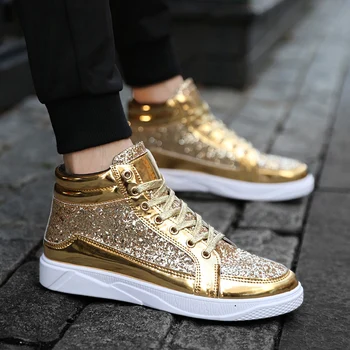 Coslony Gold Кроссовки высокие кроссовки мужские Обувь Shining Fashion Trainers мужская обувь Повседневная шнуровка Tenis дизайнерские сапоги обувь