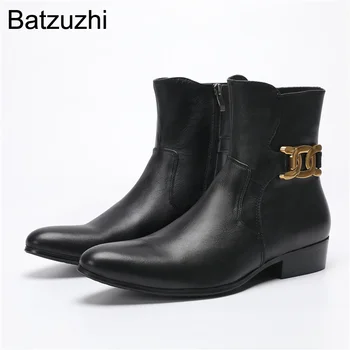 Batzuzhi Western Cowboy Мужские сапоги Обувь с острым носком Черный Натуральная кожа Короткие сапоги Мужчины Zip Мотоцикл Ботильоны для мужчин