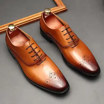 Мужская обувь Роскошная обувь Oxford Обувь из натуральной кожи ручной работы Черно-коричневые принты Шнуровка Заостренный носок Свадебный офис Вечернее платье Мужская обувь