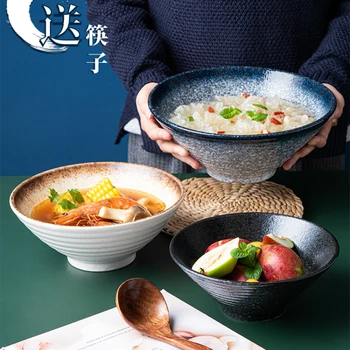 Японская миска рамэна, керамическая миска для лапши, керамическая миска в бамбуковой шляпе, большая миска для рисового супа рамен, набор посуды в стиле ретро