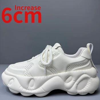 Европейская модная обувь для мужчин Натуральная кожа с толстой подошвой Хлебная обувь Увеличение 6 см Белая спортивная папина обувь мужская