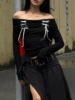 Женская футболка с длинным рукавом Топы с открытыми плечами Контрастный цвет Галстук Приталенный крой Клубная одежда