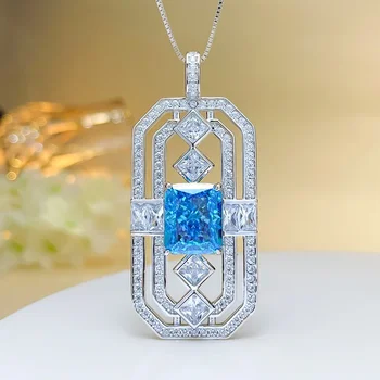 Новое ожерелье с высоким содержанием углерода с бриллиантами, большой кулон, 925 стерлинговое серебро, темно-синий, полный бриллиант, квадратные украшения для помолвки