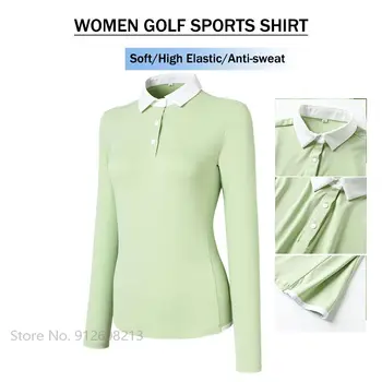 Женская одежда для гольфа Эластичная футболка для гольфа с длинными рукавами Женские гладкие дышащие спортивные топы Тонкая трикотажная рубашка с лацканом