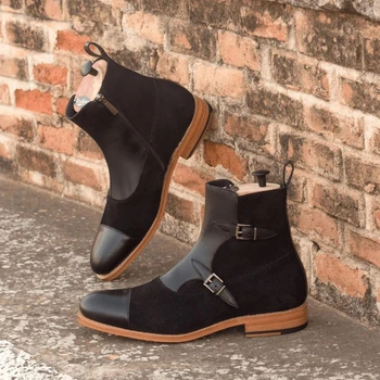 Новые черные мужские короткие сапоги флок с квадратным носком на молнии бизнес обувь ручной работы для мужчин с бесплатной доставкой мужские ботильоны