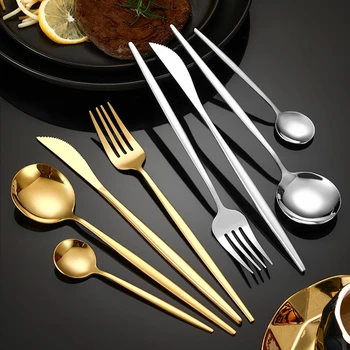 золотой набор тонких столовых приборов из нержавеющей стали, ложка, стейк, нож, вилка, португальская западная посуда, посуда для кухни