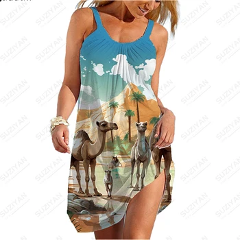 Свободное повседневное платье Пустынный верблюд 3D-печатное платье Летнее простое удобное платье Платье без рукавов с круглым вырезом Платье оверсайз