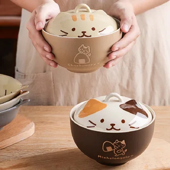 Японская креативная керамическая суповая миска Милые мультяшные животные с крышкой Кошка Миска Бытовая лапша быстрого приготовления Рисовая посуда
