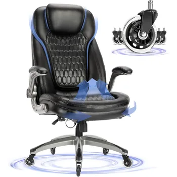 Офисный стул с толстым сиденьем, кресло руководителя с высокой спинкой и мягкими откидными подлокотниками, стильное кожаное кресло