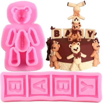 Bear Baby Letters Силиконовые формы Квадратные шоколадные конфеты Глиняная форма DIY Детский день рождения Кекс Топпер Помадка Инструменты для украшения торта