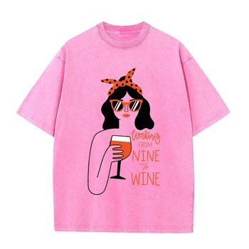 Cosmo Lady Working From Nine To Wine Мужская футболка Вымытый хлопок Свободная футболка Одежда Мода Пот Графика Круглый вырез Летние топы
