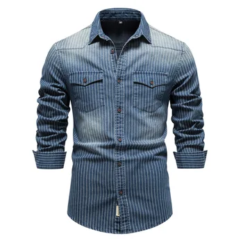 Y2K Новые мужские негабаритные высококачественные хлопковые джинсовые рубашки стрейч с длинным рукавом полосатые джинсовые рубашки для мужчин повседневная тонкая ковбойская рубашка