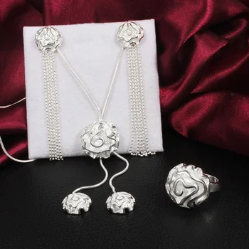 Fine 925 Серебро Красивое ожерелье с цветком розы серьги кольца для женщин Набор ювелирных изделий мода Вечеринка свадебные аксессуары подарок