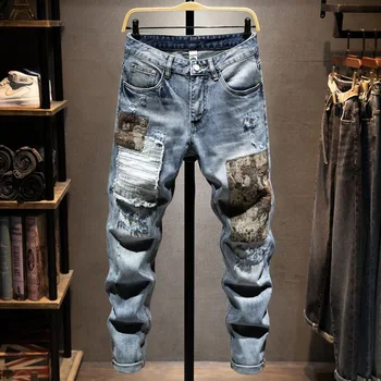 2023 Весна и осень Новый модный тренд Рваные эластичные тонкие штанины Мужские повседневные удобные дышащие высококачественные джинсы 28-36