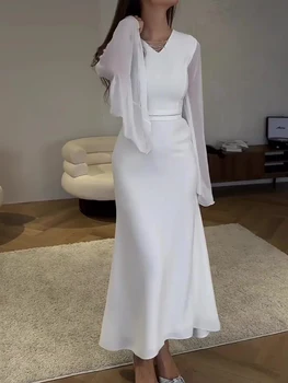 Длинные белые платья Женщины Весна Платье с длинным рукавом Дамы Элегантная Мода Макси Платье Женская Вечеринка Вечер Обертывание Бедра Vestidos