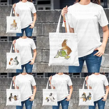 Кролик Узорчатый Холст Женская сумка для покупок Тканевая сумка Квадратная сумка для покупок Шоппер Тканевые сумки Учитель Подарочные принадлежности