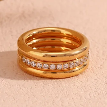 Нержавеющая сталь Простое цирконовое кольцо из трех частей для женщин Простая стильная текстура Ювелирные изделия для пальцев Водонепроницаемый