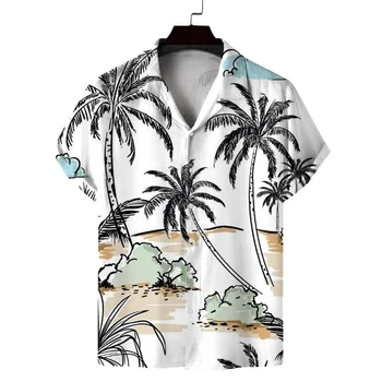 Мужская повседневная 3D-печать Рубашка с пальмой Летние каникулы Блузка с короткими рукавами и лацканами Гавайский цветок Алоха Рубашки Мужские топы