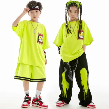 Лето Дети Хип-хоп Танцевальный костюм С короткими рукавами Зеленые топы Брюки Мальчики Спорт Повседневная одежда Девочки Джаз Выступление Одежда BL10359