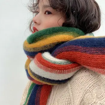 Радужный полосатый вязаный шарф женский сладкий теплый шарф женский осень-зима мода трикотаж шаль платки корейский стиль Q379