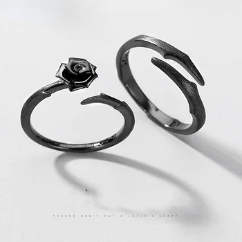Fashion S925 стерлинговое серебро Шипы Роза Простой регулируемый черный набор колец для женщин и мужчин пара Ювелирные изделия подарок на День святого Валентина
