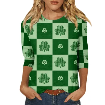 Женская футболка Clovers Футболка с 3D-принтом Женская мода Футболки с круглым вырезом Топы с рукавами 3/4 Футболки St. Patricks Day Tops